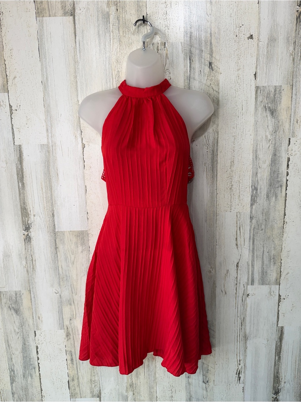 SHEIN Red Pleated Halter Mini Dress XS Open Back